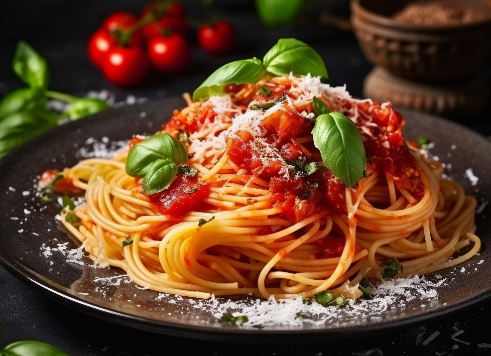 Спагетти с томатным соусом и базиликом